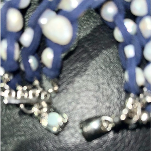 Handmade Bracelet w/Real Genuine Pearls woven into 4 navy leather straps - Picture 7 of 8